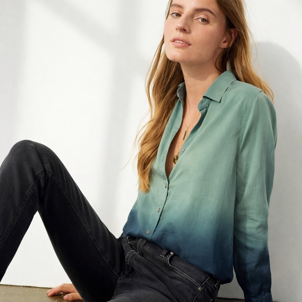 Cloth & Stone x Anthropologie Tayla Green Dip Dye Button Down Ombré Shirt XSmall